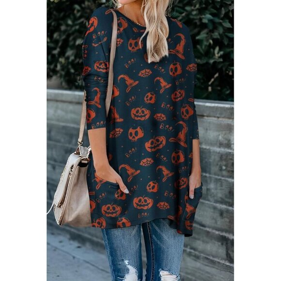 Women's Halloween Pumpkin Sweatshirt Cat Long Sleeve Crewneck Pullover Shirts - Picture 1 of 5